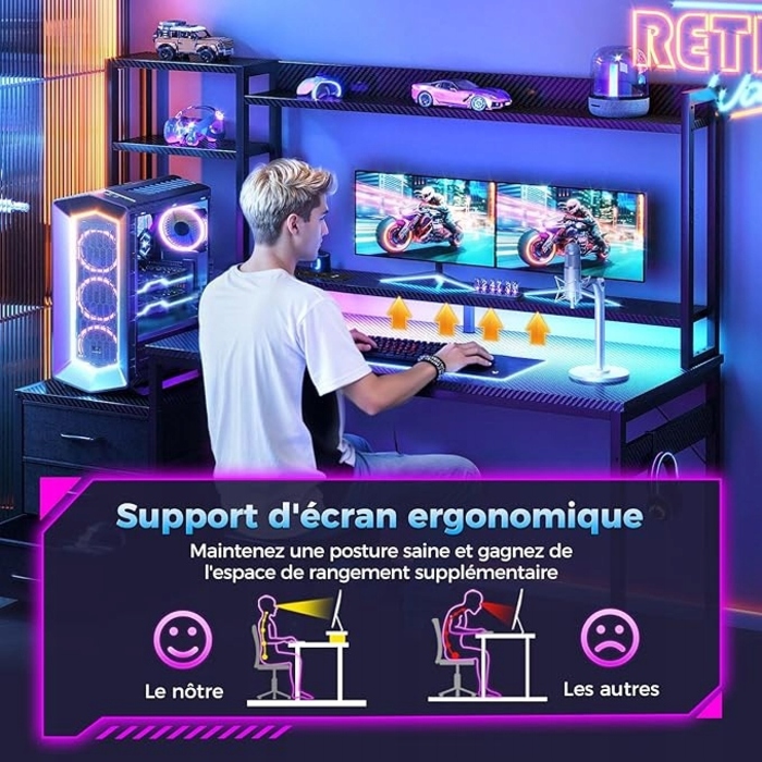 Ігровий стіл з шухлядами, полицею, розетками та LED-підсвіткою, 120x48 см
