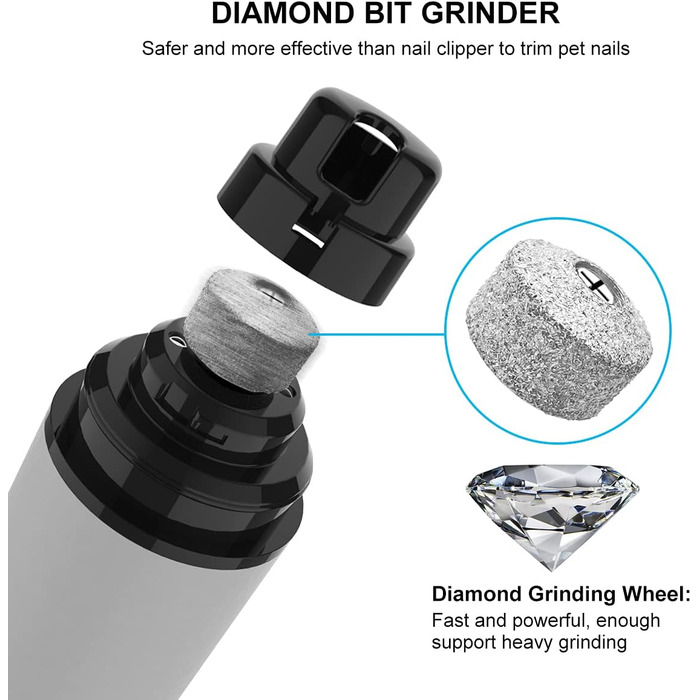 Шліфувальник кігтів для собак, ножиці для кігтів 40 дБ супер-тихі для собак та котів маленьких та середніх порід, птахів (без LED-підсвічування), білий (чорний & LED)