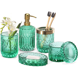 EMPO 6-Piece Bathroom Accessories Set in Clear Glass (Lotion-Soap Dispenser, Soap Dish, Toothbrush Holder, Cup, Cotton Swab Holder), Modern Decoration, Crystal-Vintage Gift (Oceanente) (6 Pcs Vintage Jade)