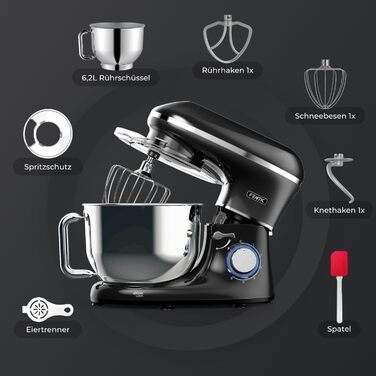 Fentic 2000W Stainless Steel Stand Mixer - 6.2L Bowl with Dough Hook, Whisk, Beater & Splash Guard - Includes Accessories (Black)