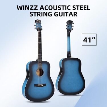 Акустична гітара Winzz 4/4 для початківців, 41 дюйм, з чохлом, тюнером, ременем, медіатором, запасним струною та підставкою (натуральний, блакитний)