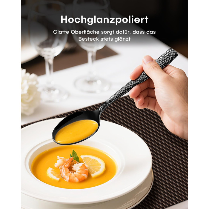 Набір столових приборів Honkku 30 предметів (6 осіб), чорний, з нержавіючої сталі, з об'ємними ручками, набір ножів, виделок та ложок, полірований, придатний для миття в посудомийній машині