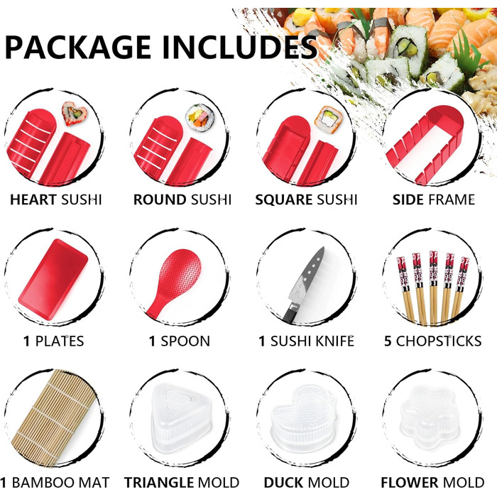 Набір для приготування суші, 20 предметів, для початківців, з формами для ролів, виделкою, ножем, килимком для ролу, палочками, повний комплект (Чорний) (Червоний+тарілка)