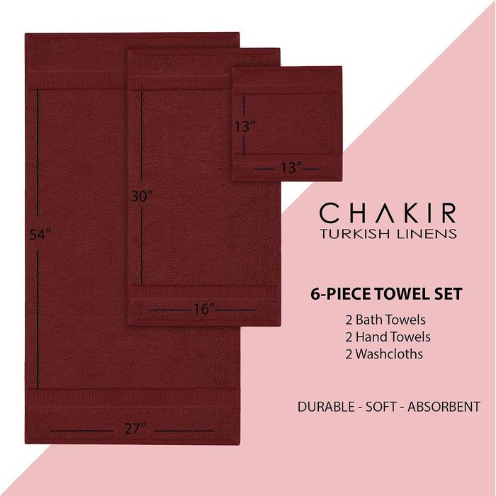 Набір рушників Chakir Turkish Linens з турецької бавовни, готельна серія, 6 предметів (2 великі, 2 середні, 2 маленькі), колір Cranberry