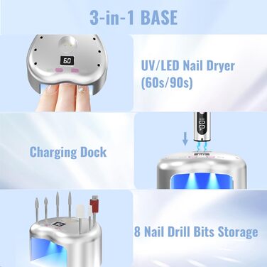 Електричний фрезер для нігтів Nagelfräser Kabellos 2-в-1 з LED лампою для манікюру та педикюру, 35000 об/хв, срібний
