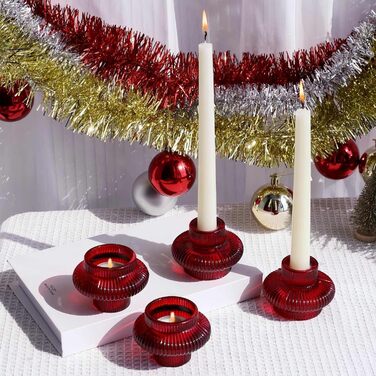 VOHO Candle Holders, Ribbed Glass, Stylish Boho Candle Holders, Stackable and Reversible, for Candle Stands and Votive Candles, e Candle Holders, Table Decoration, Set of 12 (Red/Getaway, Solid (Getaway Solids))