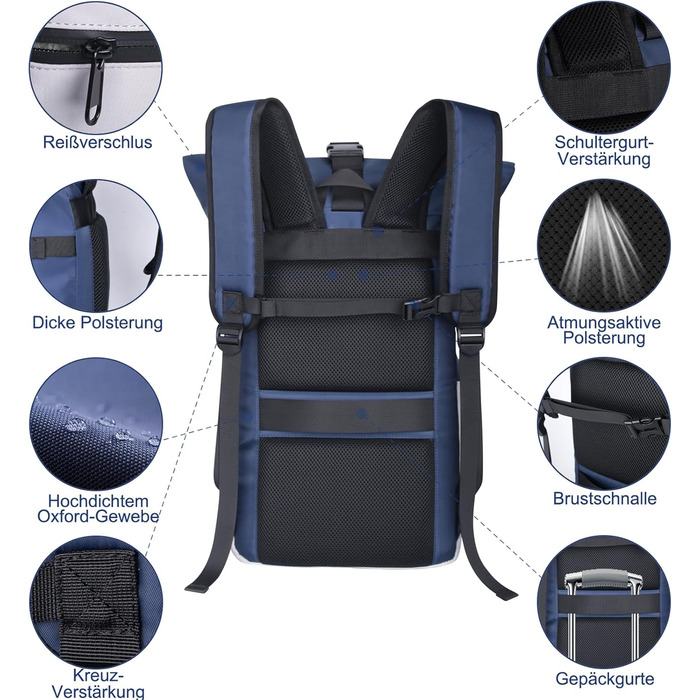 Roll-Top Backpack Waterproof, 27L Large Backpack Men Women, School Backpack with 17.3 inch Laptop Compartment, Travel Backpack Hiking Backpack for Business, Work, University, Travel, Leisure (Blue)