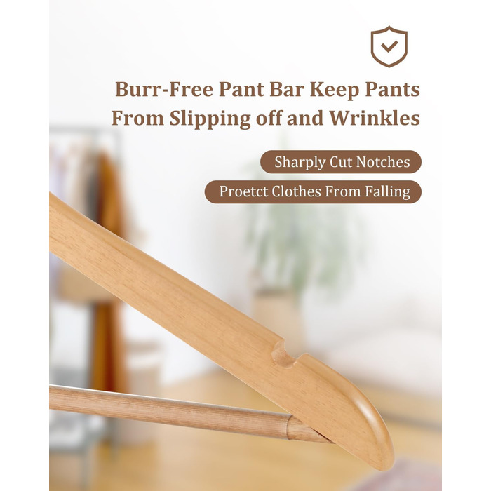 Дерев'яні вішалки для одягу AMKUFO, 20 шт., з неслизьким покриттям, обертовий гачок 360°, для джинсів, штанів, курток, сорочок, суконь, натуральне дерево