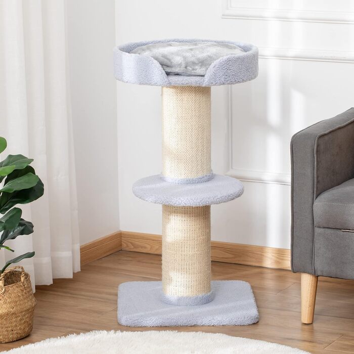 PawHut Cat Tree Small 91 cm Cat Tree with Cat Bed, Cat Scratching Post Play Tree Scratching Post with Platform for Cats up to 5 kg Sisal Lambswool Light Blue
