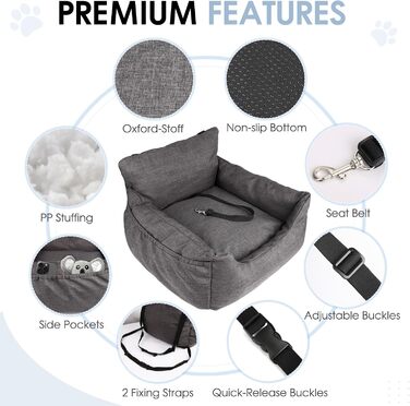 Автомобільний лежак для собак, 54x52x35 см - зручний лежак для собак у машину, сірий. Знімний, можна прати. З кишенями для зберігання.