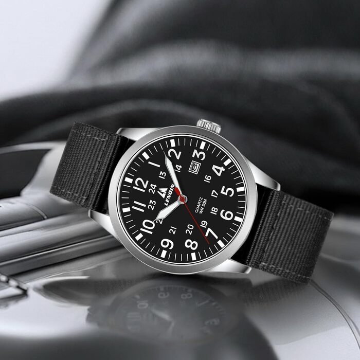 Чоловічий годинник LN LENQIN: аналоговий кварцовий годинник з нейлоновим ремінцем, 30M водостійкість, з датою (чорний, срібний, чорний)