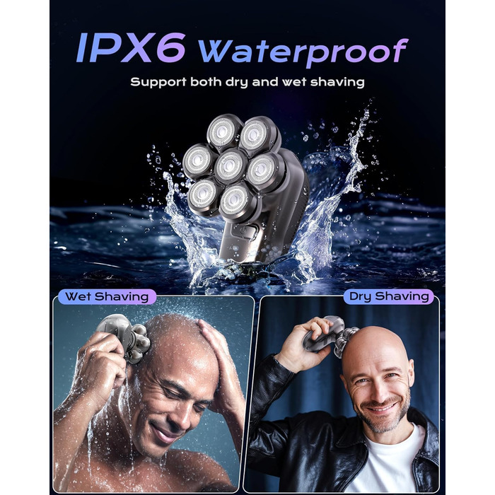 Електрична бритва для гоління голови Glatzen Herren 7D, водонепроникна IPX7, з тримером для бороди та носа, LED-дисплей