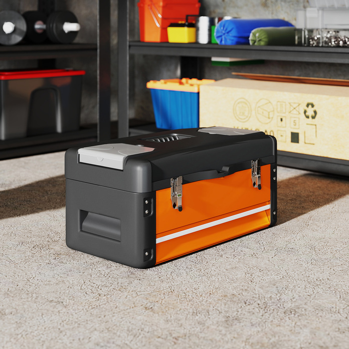 HOMCOM Empty Tool Box, 49.7 x 25.3 x 23 cm Tool Chest with Drawer, Mini-Box, Top Storage Compartment, Handle, Steel Tool Case, Orange | Aosom
