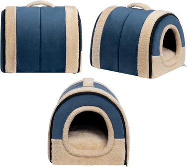 Hollypet Cat Bed, Small Dog Bed, 2-in-1 Foldable Plush Pet Bed for Cats & Small Dogs, Cozy and Soft Pet Cave Bed for Indoor Outdoor, (Dark Blue)