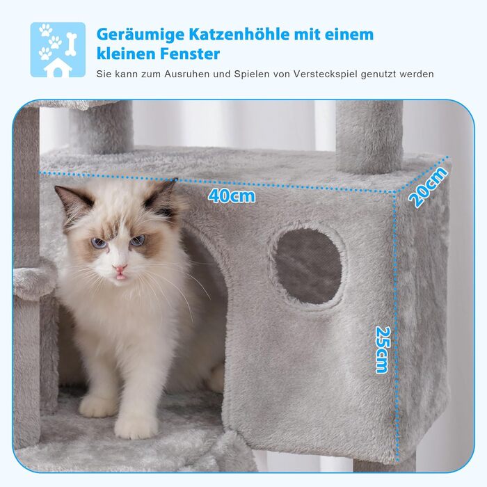 Котячий будиночок з когтеточкою Hey-Brother Kratzbaum 135 см, сірий. З платформою, іграшкою, печерою та гамаком. MPJ019-SW