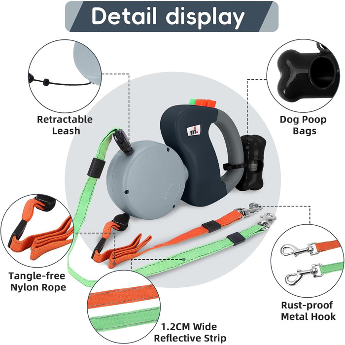 Автоматична висувна собача шлейка Makife Dual Doggie - 3м для малих та середніх собак, 15 шт. пакетів для збору відходів