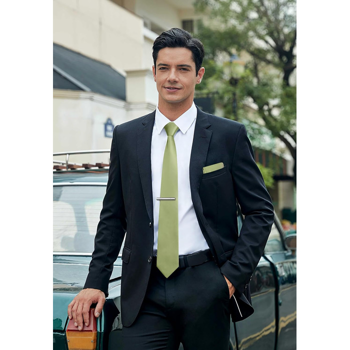 HISDERN Комплект краваток для чоловіків: класична однотонна краватка, кишеньковий хустинка та краватки-затискач (одно розмір, салатовий)