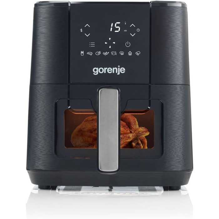 Аерофритюрниця Gorenje AF1350DWB, 1350 Вт, чаша 5.4 л з вікном, 8 автоматичних програм, антипригарне покриття, LED-дисплей, чорна