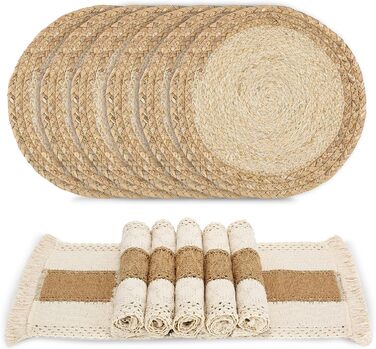 Zology Handcrafted Boho Placemats, Set of 6, Natural Cotton, Burlap & Water Hyacinth, Woven Combination Placemats, Macrame Decor & Farmhouse Style, Placemats for Dining Table, Kitchen