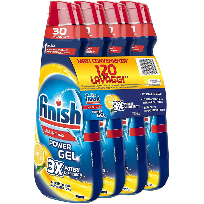 Рідкий засіб для посудомийних машин Finish Powergel, мультифункціональний, з лимоном, віджирюючий ефект, 120 мийок (4 упаковки по 600 мл)