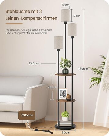 Стельова лампа для вітальні з поличкою, 3-хламкова, вінтажний стиль, бохо, з дерева, з вимикачем на ніжці, E27, ретро, коричнево-бежева ZEF53LDD05