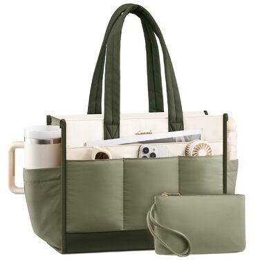 Сумка LOVEVOOK Shopper для жінок, бежево-зелена, 15.6 дюймів. Містка сумка для ноутбука, роботи, університету, школи. 14 відділень, тримач для пляшки