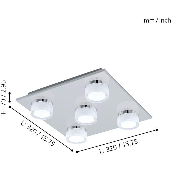 EGLO LED Ceiling Lamp Romendo, 5-Light Ceiling Fixture, Bathroom Dimmer, Bathroom Lamp made of Metal in Chrome, Plastic, LED Damp-Proof Light Warm White, IP44, L x W 32 cm