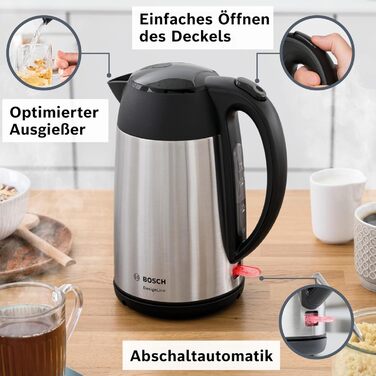 Електричний чайник Bosch DesignLine TWK3P424, 1.7 л, червоний, з нержавіючої сталі, бездротовий, з індикатором рівня води та захистом від перегріву