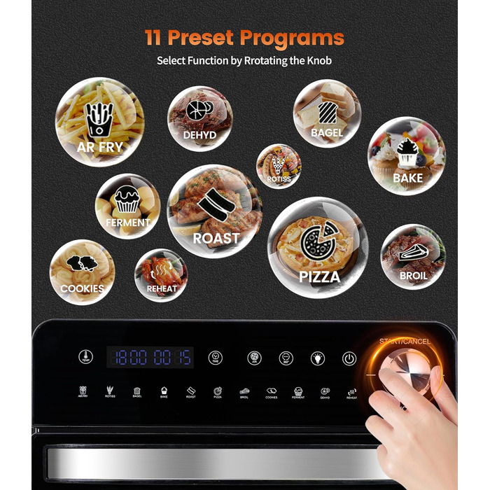 Аерофритюрниця 14 л Emphsism, міні-піч Airfryer XXL 1800 Вт, 11 програм, LED-екран, 4 аксесуари (шампур, решітка тощо), з рецептурником