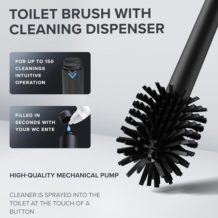 Торцева щітка для унітазу Arosund | Силіконова щітка для унітазу | З вентиляцією | Свободно стояча | Головка щітки для унітазу з нержавіючої сталі | З резервуаром для миючих засобів | Знімний піддон для крапель | Щітка для унітазу (Чорний)