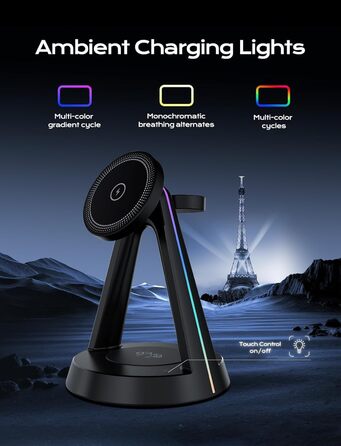 Бездротова зарядна станція 3-в-1 MagSafe OneCut з RGB підсвіткою 15W для iPhone 16/15/14/13/12 Pro Max/Plus, Apple Watch Ultra/8/7/6/SE та AirPods Pro/3/2