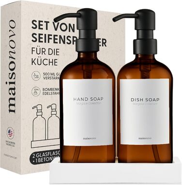 MaisoNovo Soap Dispenser Set - Soap Dispenser for Kitchen - 500 ml Amber Bottles, Black Pumps, Glass Pump Dispensers, Soap Dispenser Set, 2-Piece Set and Concrete Tray - Dish Soap Dispenser Kitchen