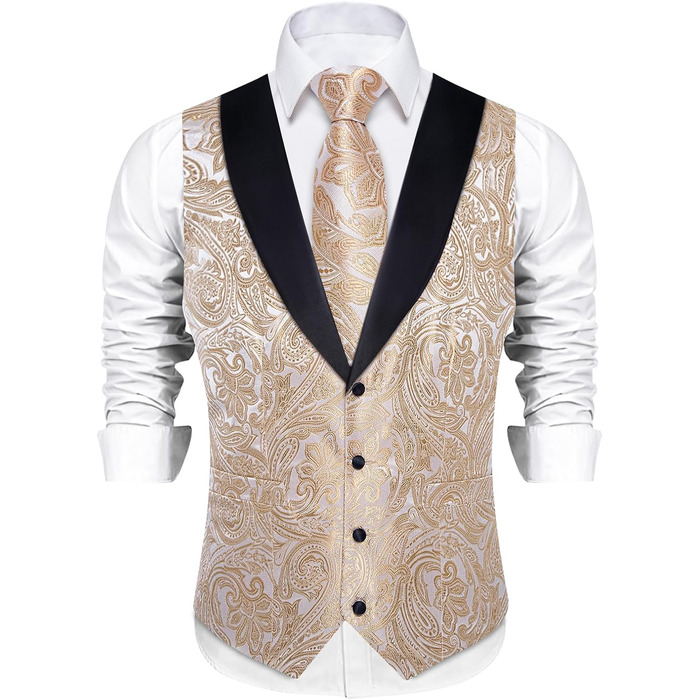 Костюм чоловічий DiBanGu 7-частинний: жакардовий піджак, краватка, жилет, сорочка з коміром, для весілля, свят, урочистих подій. Кольори: золото, чорний, шампань, срібло (XL)