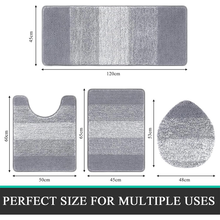 Enyhom 4-Piece Microfiber Bath Mat Set - Non-Slip Bathroom Rugs & Toilet Lid Cover (Grey, 45x65cm, 45x120cm, 50x60cm, 48x53cm)