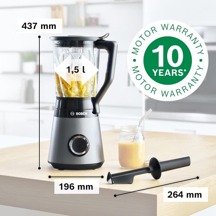Блендер Bosch VitaPower Serie 4 MMB6172S, 1200 Вт, 1,5 л, скляна чаша, нержавіючі леза, 30 000 об/хв, сріблястий, частини для посудомийки