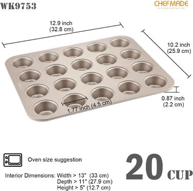 CHEFMADE Mini Muffin Pan, 20-Cavity Non-Stick Tiny Cupcake Pan Baking Pans for Oven Baking (Champagne Gold)