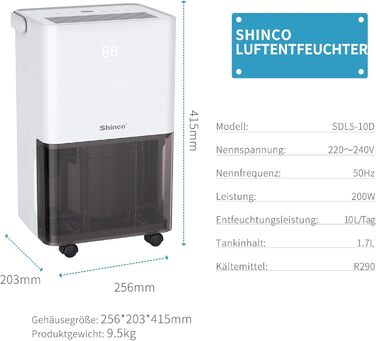 SHINCO Електричний осушувач повітря 10L з датчиком вологості, фільтром з активованим вугіллям, автоматичним перезапуском та шлангом для зливу. Осушувач повітря для дому, 45м³/15м²