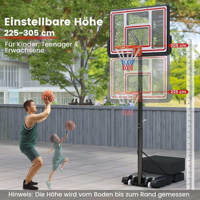 COSTWAY Adjustable Height Basketball Hoop System - Outdoor Mobile Basketball Stand with Wheels & Weight Bag (225-305cm)