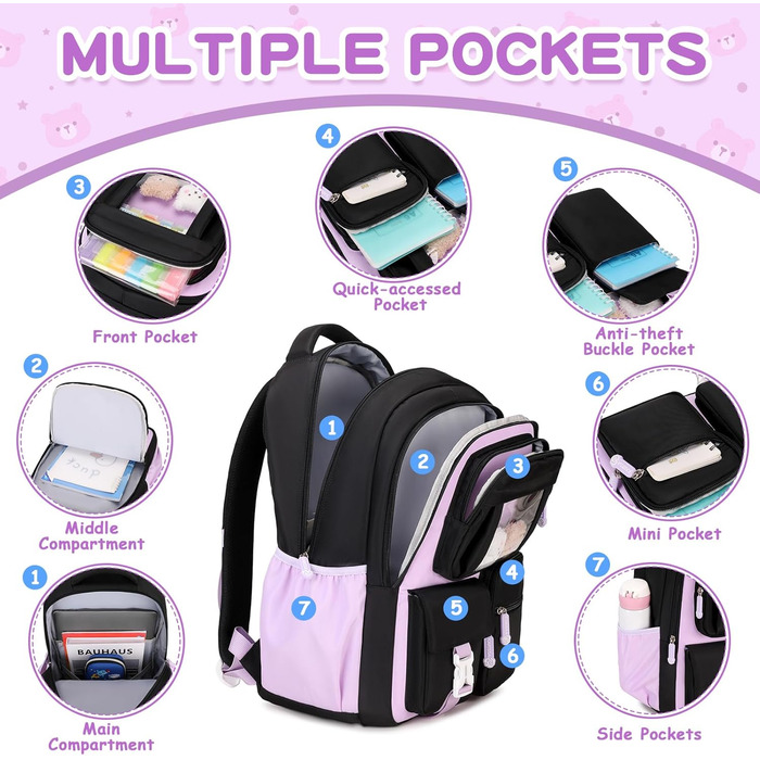 Дитячий рюкзак для дівчаток - шкільні сумки для учнів середньої школи - рюкзак для початкової школи, чорний та фіолетовий