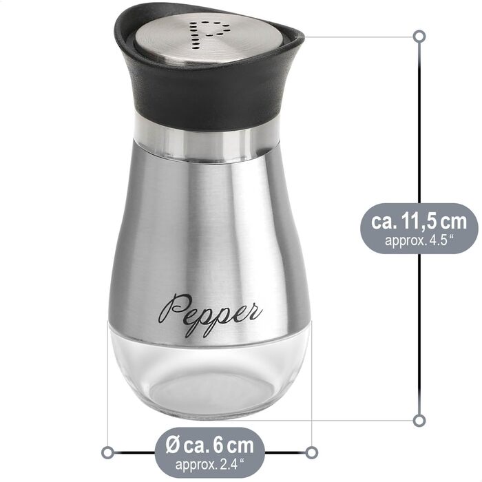 Набір для солі та перцю Com-Four® з нержавіючої сталі та скла (2 шт.) - дозатор спецій, контейнер для приправ з написом, для кухні та ресторану (сріблястий)