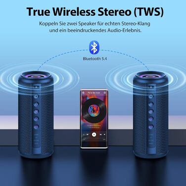 Bluetooth колонка 2026 з RGB підсвіткою, портативна, водонепроникна IP7, 20 годин роботи, з мікрофоном, для спорту, саду, вулиці - блакитна