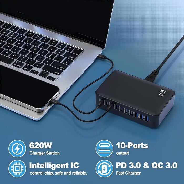 Зарядний пристрій USB-C 620W, 10 портів: Швидка зарядка PD PPS 100W, USB-C для MacBook Pro/Air, iPad, iPhone 16/15/14/13/12 Pro Max, Samsung