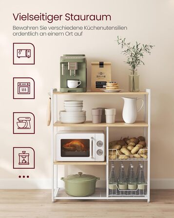 Стелаж кухонний VASAGLE з 2 металевими кошиками, стелаж-пекарня з гачками та полицями, для мікрохвильової печі, 35 x 80 x 93,5 см, золотий дуб + білий