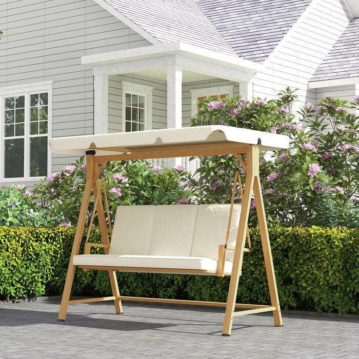 Outsunny Hollywood Swing with Adjustable Sun Canopy and Seat Cushion, Wood-Look 3-Seater Garden Swing, Load Capacity up to 330kg, Swing Bench for Garden, Terrace 198 x 120 x 170cm, Beige | Aosom