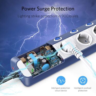 Мережевий фільтр BESTEK з 6 розетками, 4 USB, захистом від перенапруги 900 Дж, вимикач, синій та білий