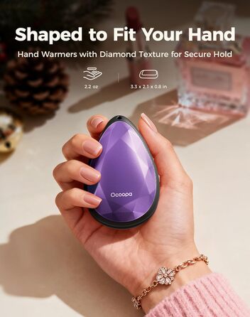 Електричні грілки для рук OCOOPA 2 шт. - стильні, у формі діаманта з магнітом, акумуляторні, для жінок, подарунок, Raynaud, піші прогулянки, кемпінг, лавандовий колір