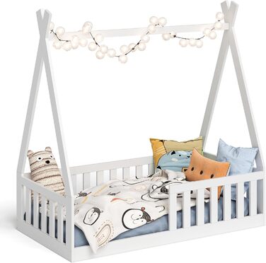Bellabino Tajo Tipi Bed Base for Children 70x140 cm, House Bed made of Solid Pine Wood with Fall Protection/Fence and Slatted Frame in White for Children from 3 Years 70 x 140 cm White