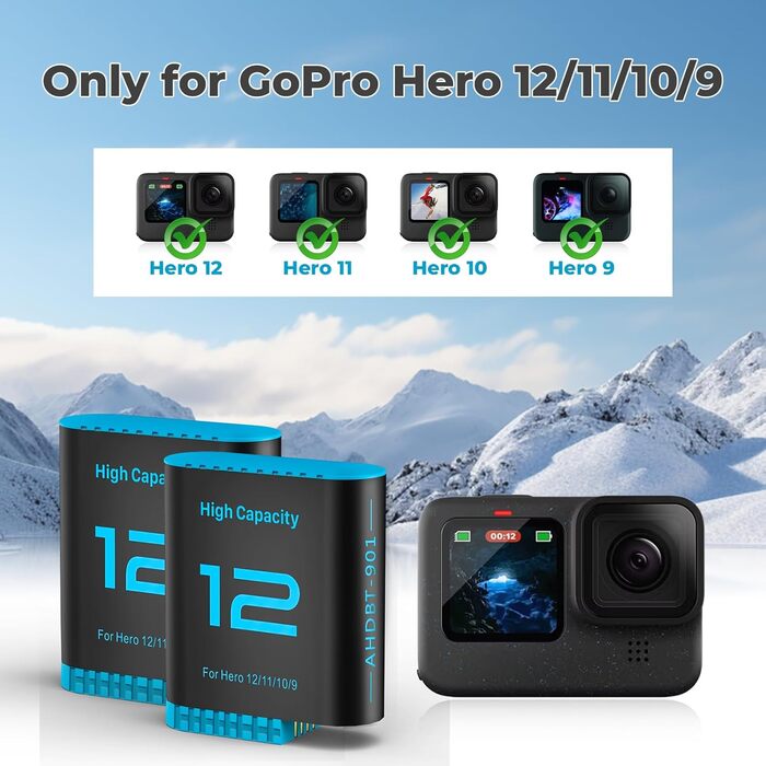 Зарядний комплект Hero12: 2 акумулятори 2580mAh + триканальна зарядка з LED-індикатором для GoPro Hero 12/11/10/9 Black