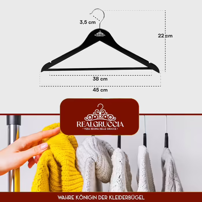 40 Wooden Clothes Hangers with Anti-Slip Grooves, RealGruccia Black Wood Hangers for Trousers, Suits, Shirts - with Trouser Bar, Polished Surface, Swivel Hook, and Angled Profiles - 22x45cm