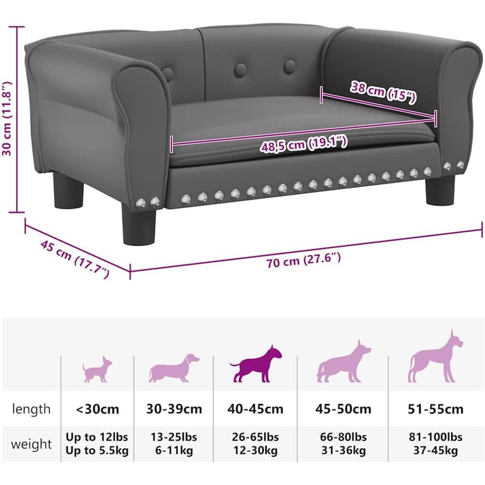 Крісло-ліжко для собак, м'яке ліжко для тварин, лежанка для маленьких собак та котів, сіре штучне шкіряне, 70 x 45 x 30 см